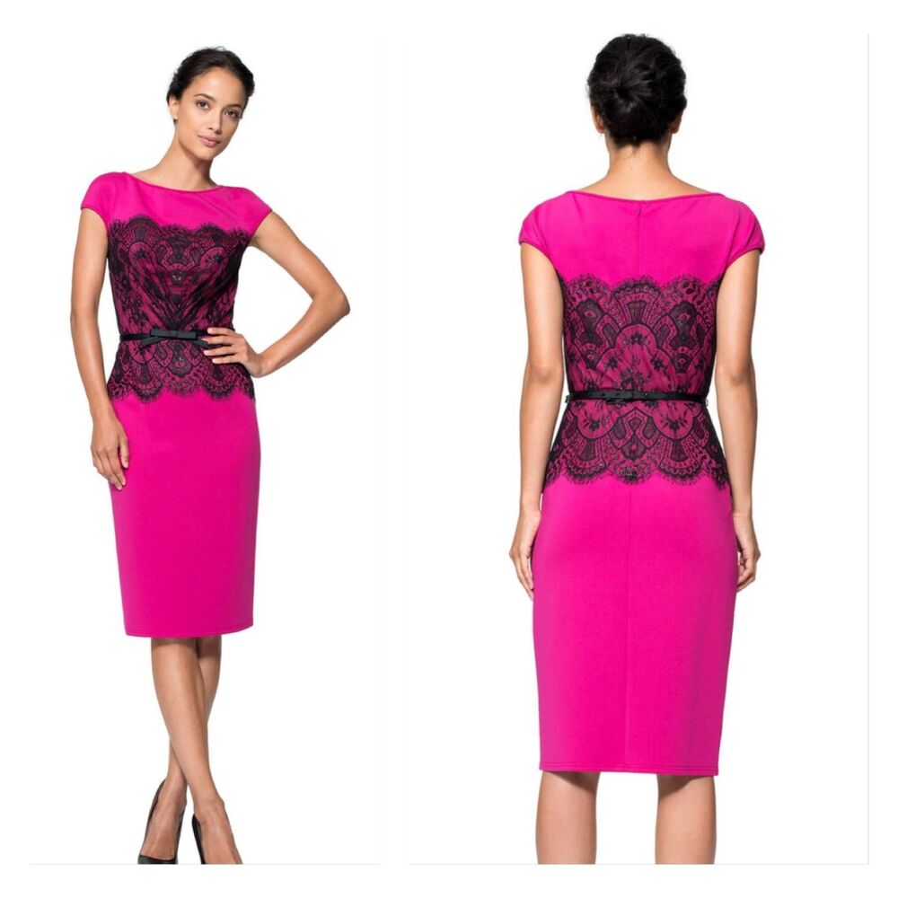 TADASHI SHOJI Neoprene Lace Overlay Belted Midi Sheath Dress, Sz 0